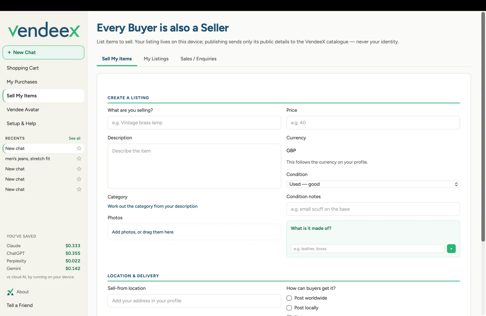 VendeeX Sell My Items listing form showing product details, condition and delivery options