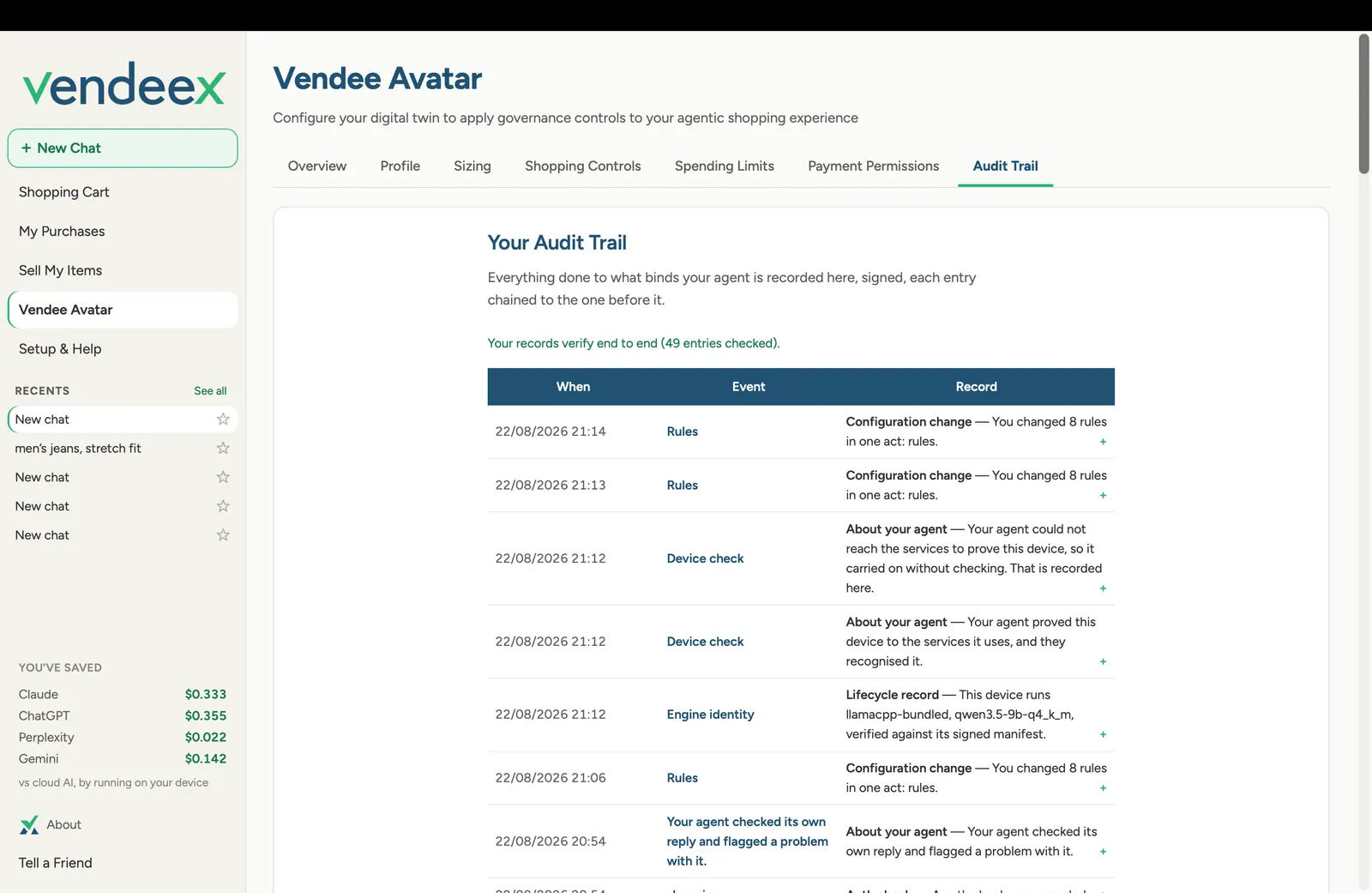 Vendee Avatar Audit Trail showing a tamper-proof log of agent activity