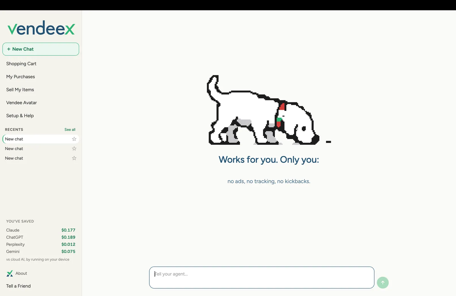 VendeeX app home screen showing the mascot and getting started state