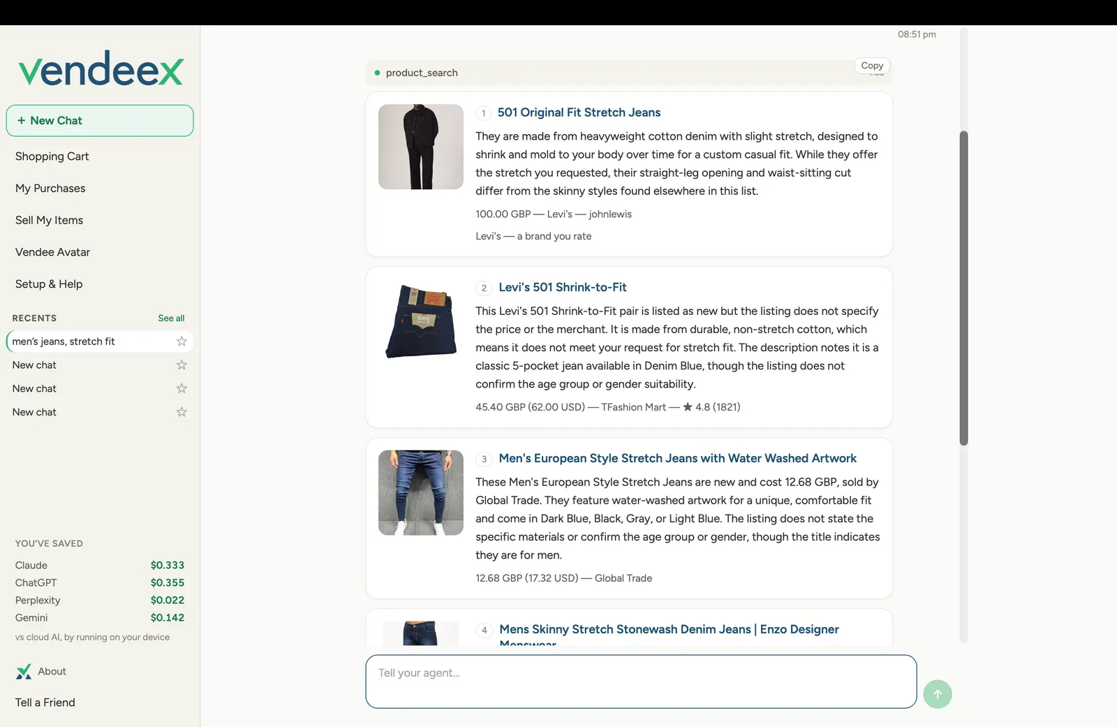 VendeeX app showing AI-ranked search results for men's stretch jeans with prices and brand notes