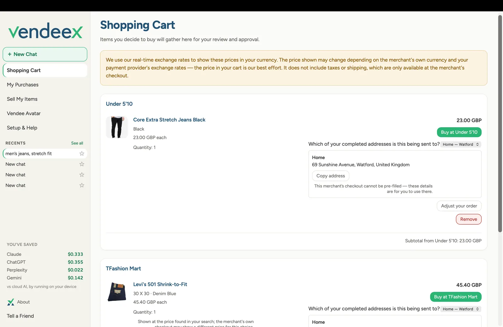 VendeeX shopping cart with items, addresses and merchant checkout buttons