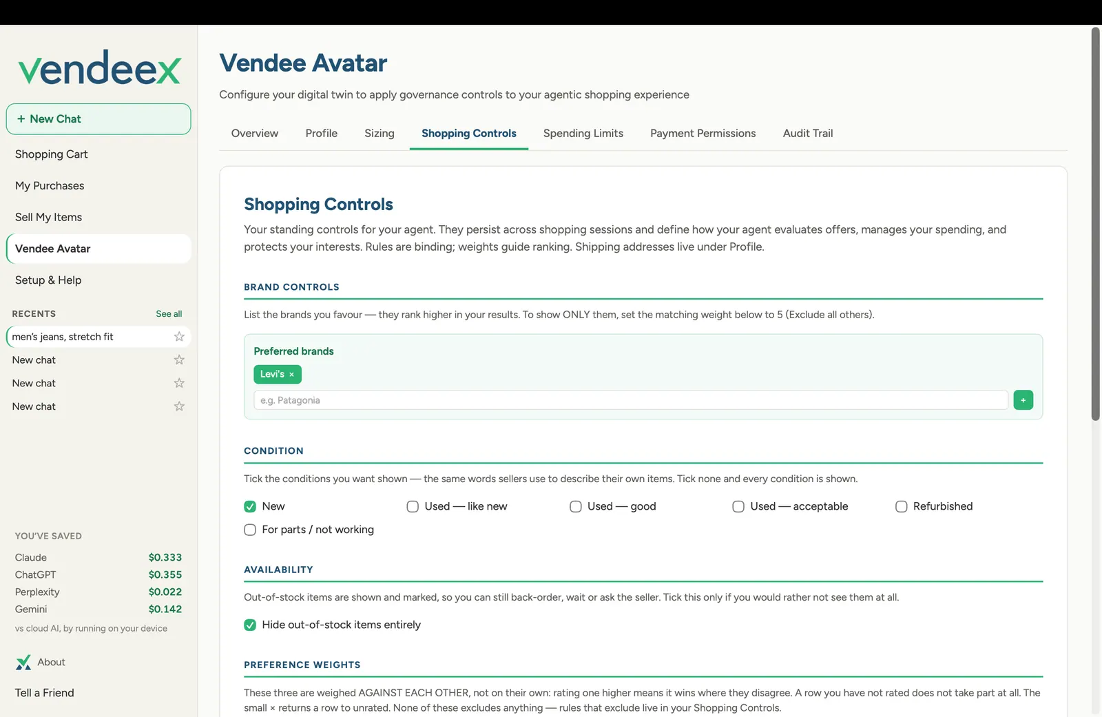 Vendee Avatar Shopping Controls screen showing brand preferences, condition filters and availability settings
