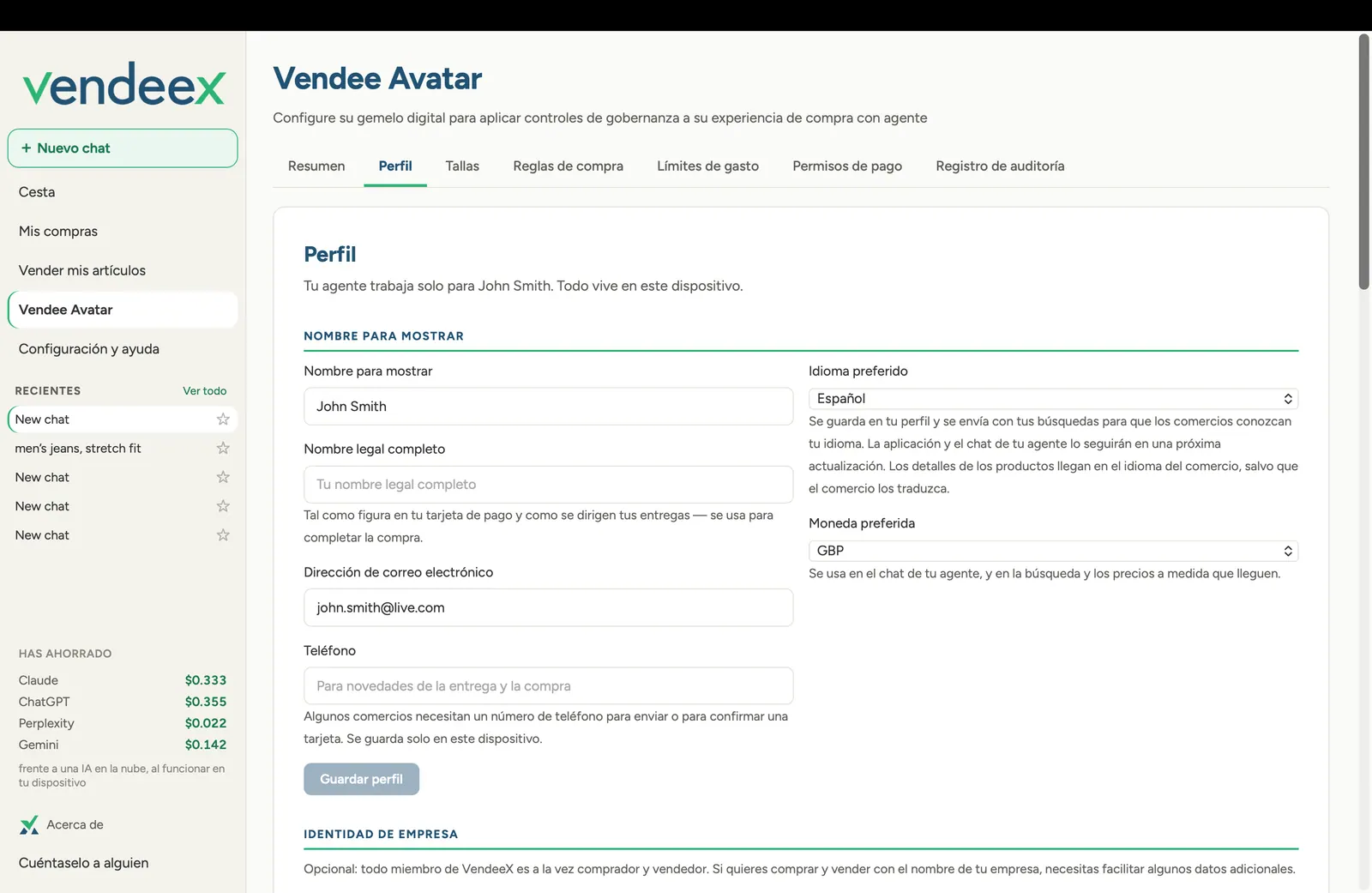 Vendee Avatar profile in Spanish demonstrating full language support